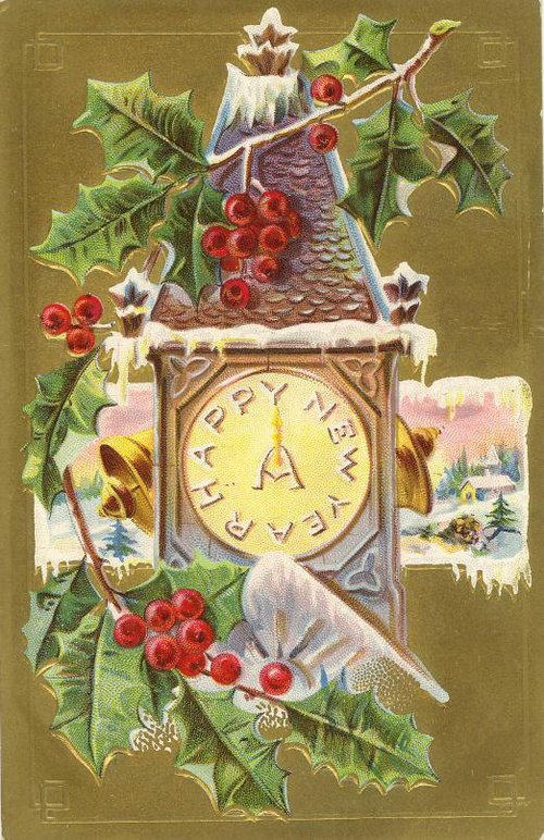 Victorian New Year Clock Greeting Card with Holly & Snow