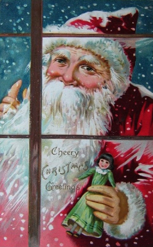 Vintage Santa Christmas Greeting Card with Doll