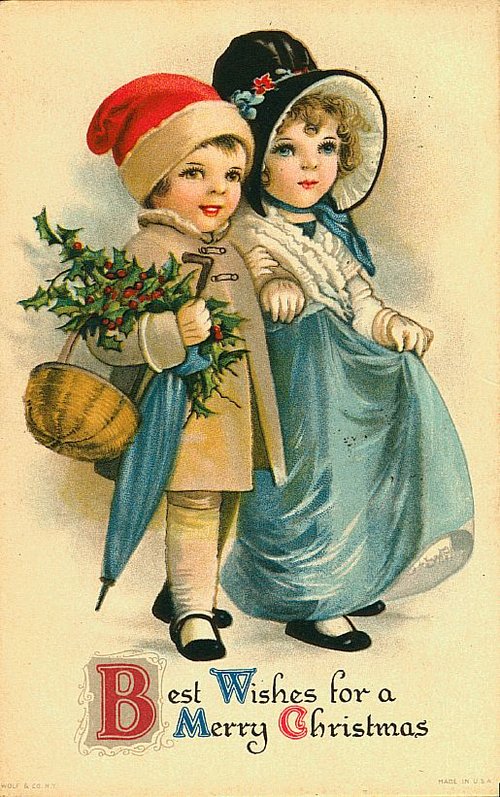 Victorian Christmas Greeting Card Children Holly Basket