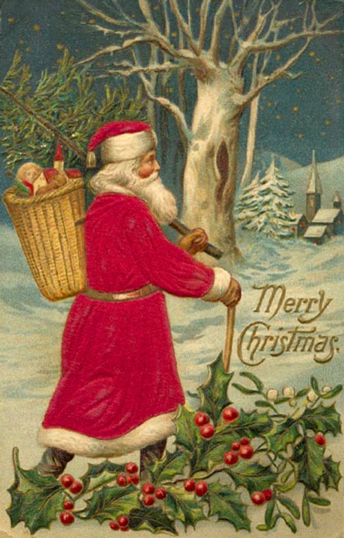 Victorian Santa Claus Christmas Greeting Card with Holly
