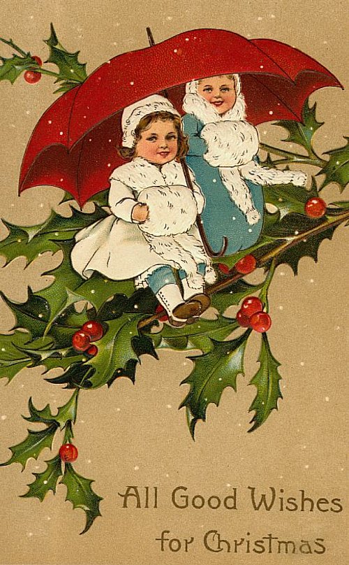 Victorian Christmas Card Two Children Red Umbrella Holly