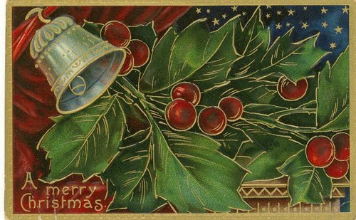 Vintage Christmas Holly & Bell Greeting Card, Early 1900s