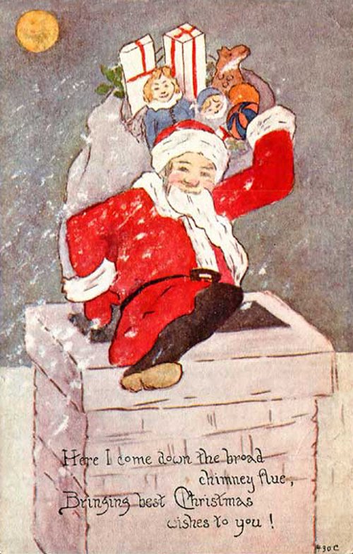 Vintage Santa Down Chimney Christmas Card, Early 1900s