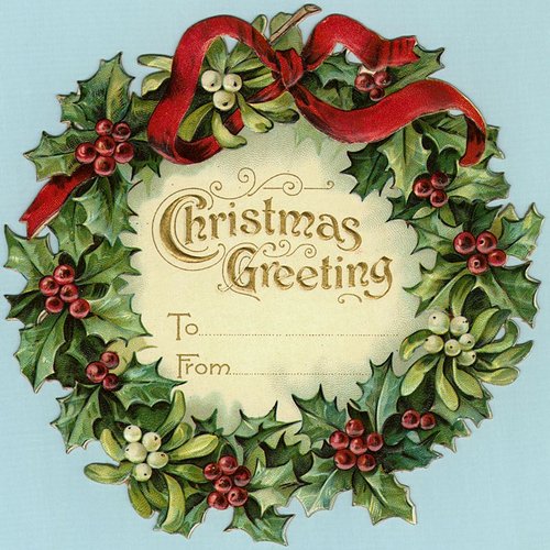 Victorian Christmas Greeting Card with Holly Wreath & Red Ribbon