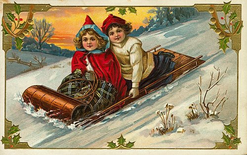 Victorian Children Sledding Winter Christmas Greeting Card