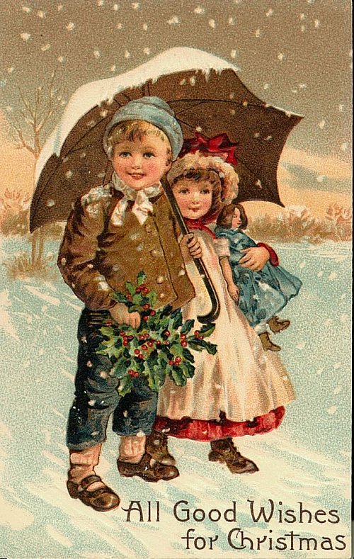 Victorian Christmas Greeting Card with Children & Holly