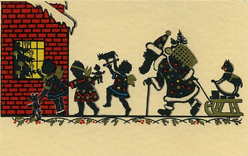 Vintage Christmas Silhouette Card: Children & Santa Red Brick House