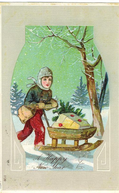 Victorian New Year Die-Cut Greeting Card with Child & Sledge