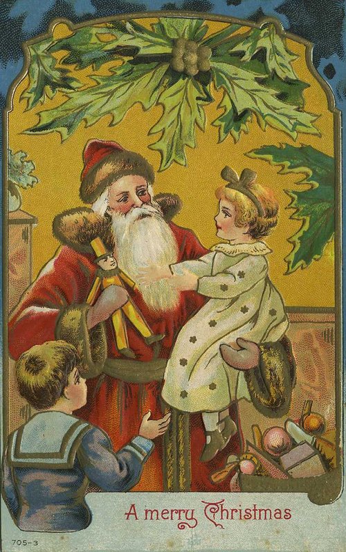 Victorian Santa Christmas Card with Children & Mistletoe