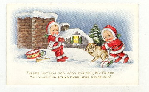 Vintage Christmas Greeting Card Children Santa Dog 1900s
