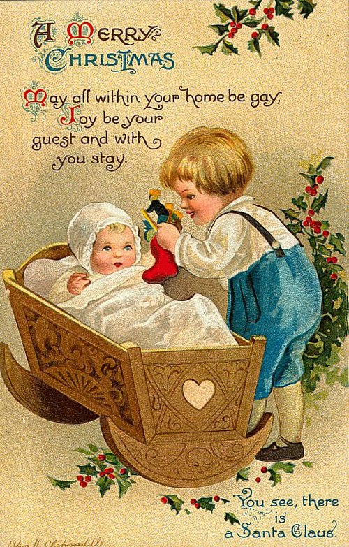 Edwardian Christmas Card: Children & Cradle with Santa Claus