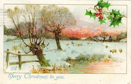 Victorian Christmas Card Winter Landscape Holly Berry Design