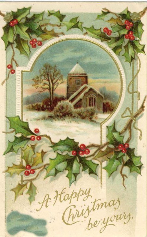 Victorian Christmas Greeting Card Church Snow Scene Holly