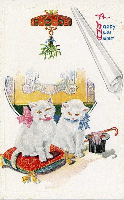 Vintage New Year Greeting Card with White Cats and Mistletoe