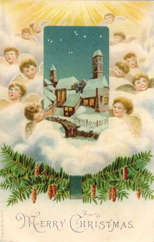 Victorian Christmas Card with Angels & Winter Church Scene