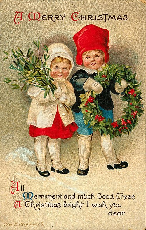 Victorian Christmas Card with Children, Holly & Mistletoe