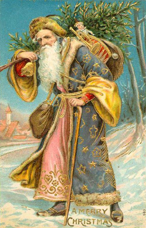 Victorian Santa Claus Christmas Greeting Card Gold Embellished