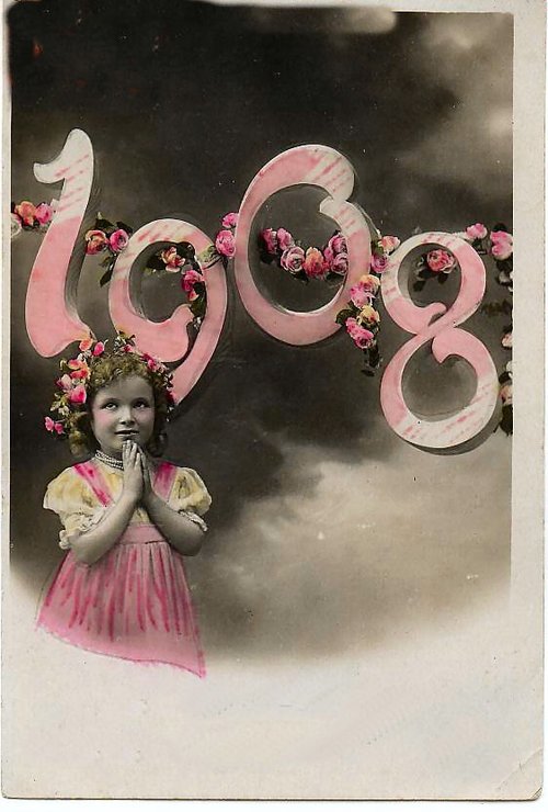 1908 New Year Greeting Card with Child in Pink Dress