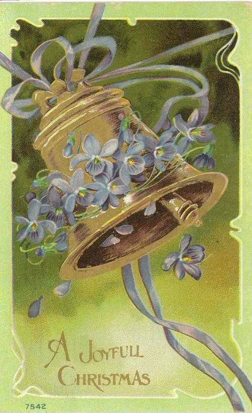 Vintage Christmas Greeting Card with Bells & Blue Flowers