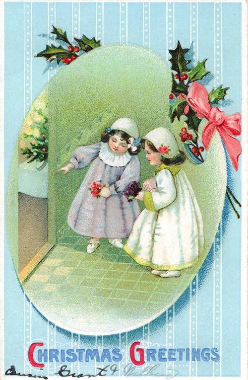 Victorian Christmas Greeting Card Children in Arched Doorway