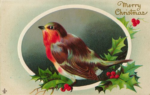 Victorian Christmas Card with Robin & Holly - Vintage Greeting