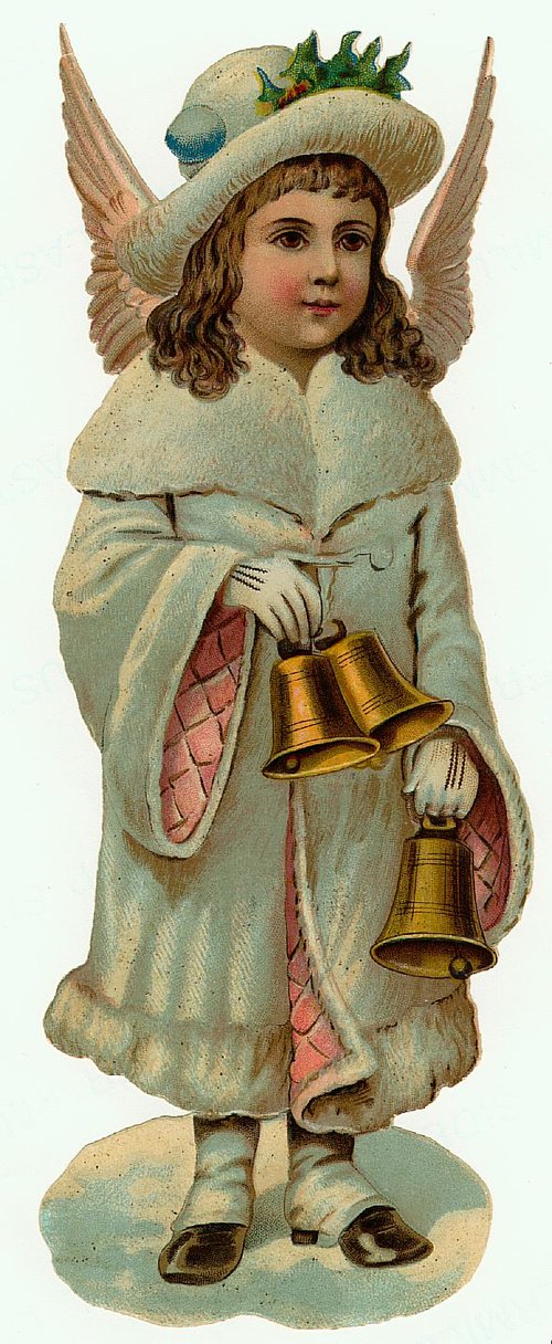 Victorian Angel with Golden Bells Vintage Christmas Greeting Card
