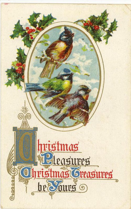 Victorian Christmas Card with Holly & Birds - 1890s Greeting