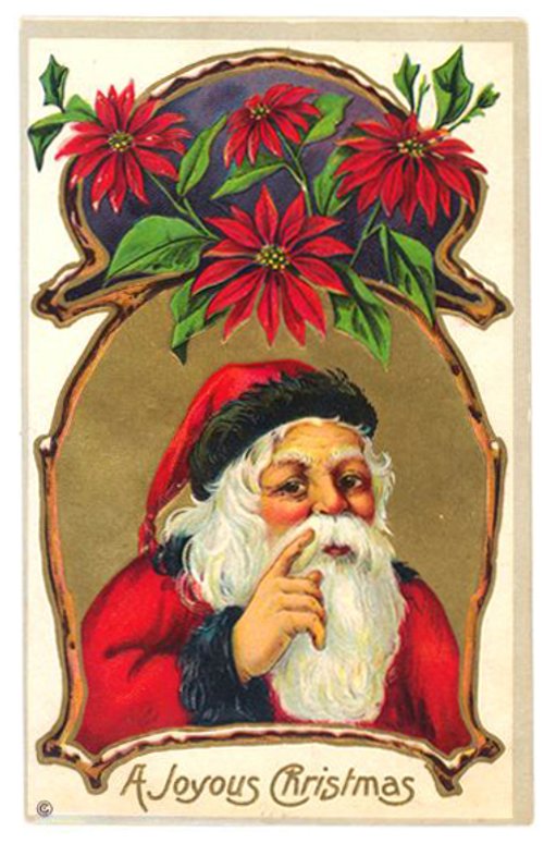 Vintage Christmas Santa with Red Poinsettias Greeting Card