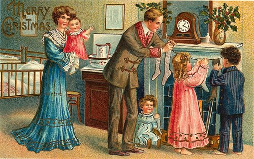 Victorian Christmas Card: Family Stocking Gifts, circa 1880s