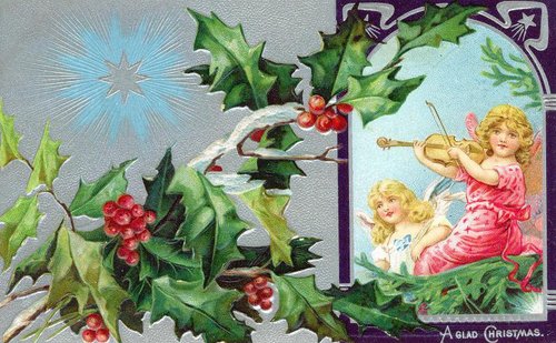 Victorian Christmas Greeting Card with Holly, Angels & Star