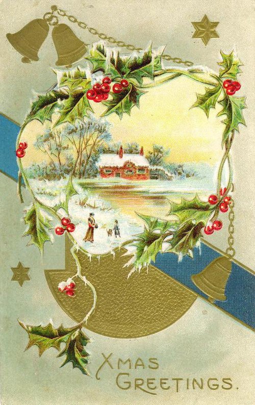 Victorian Christmas Greeting Card with Bells, Holly & Winter Scene