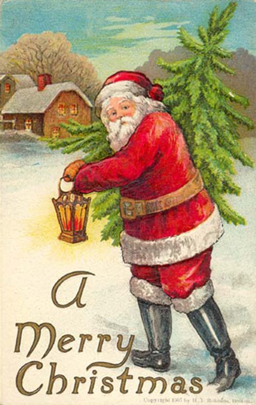 Victorian Santa Claus Christmas Greeting Card with Lantern