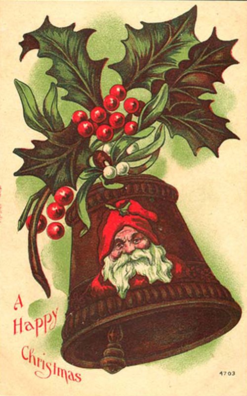 Vintage Victorian Christmas Card with Santa Bell & Holly Berries