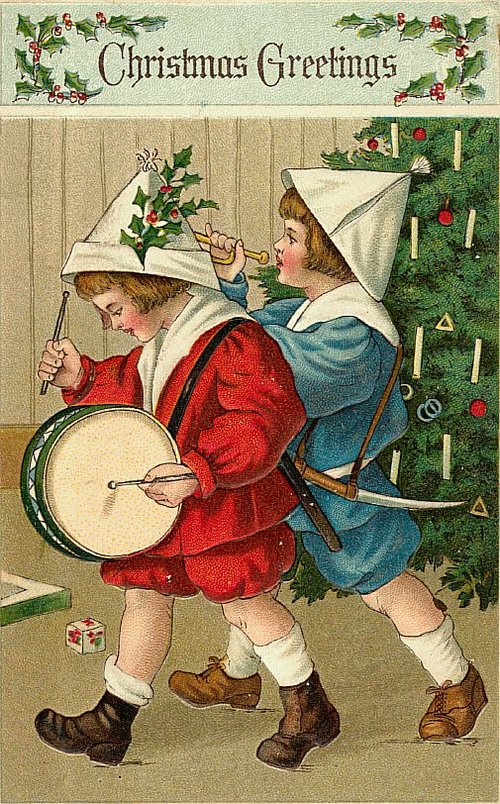 Victorian Christmas Greetings Card with Drum-Playing Children
