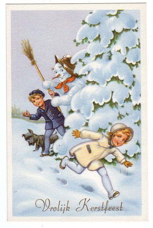 Vintage Dutch Christmas Card Kerstfeest Children Snow Scene
