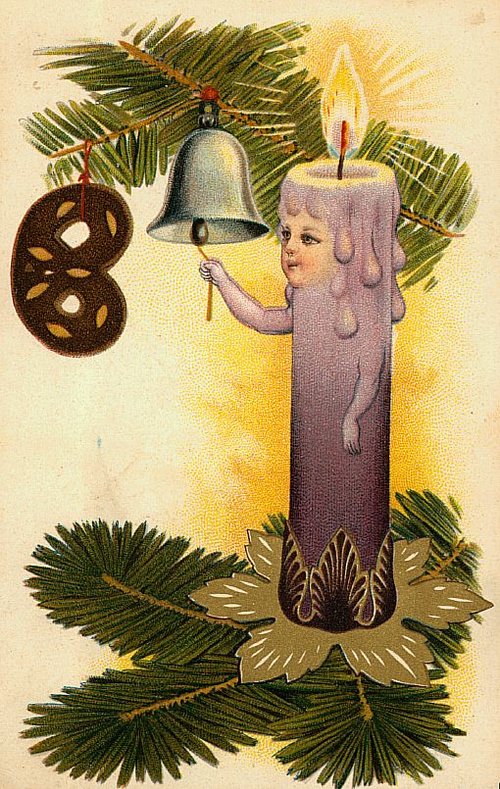 Victorian Christmas Candle Angel Bell Vintage Greeting Card