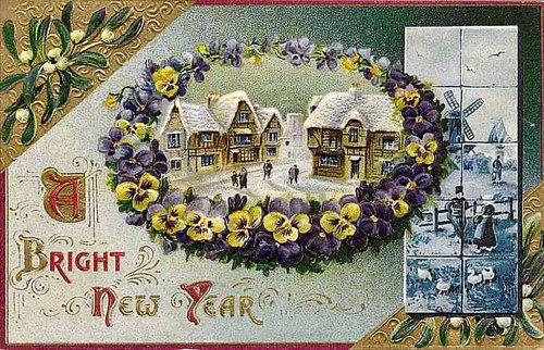 Victorian New Year Greeting Card with Snowy Village & Pansies