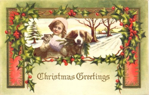 Victorian Christmas Greetings Card with Child and Dog