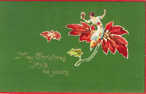 Victorian Christmas Angel Poinsettia Greeting Card, 1880s-1890s