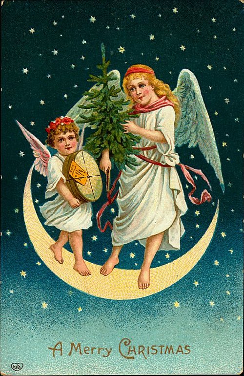 Vintage Victorian Christmas Card with Angels on Moon
