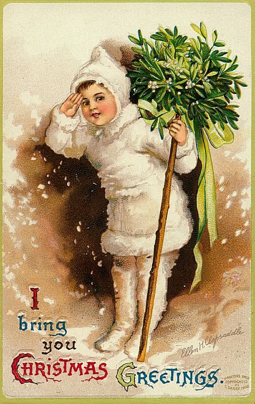 Victorian Christmas Greetings Card with Child & Mistletoe
