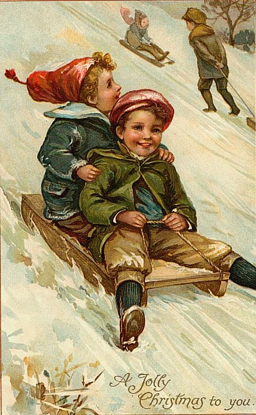 Victorian Christmas Sledding Greeting Card Children Snow