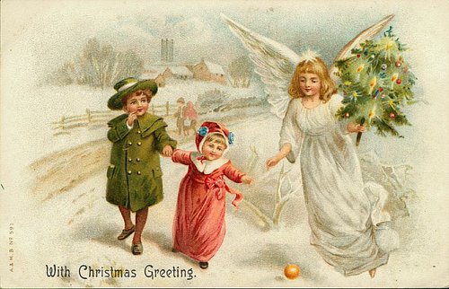 Victorian Christmas Angel Children Vintage Greeting Card