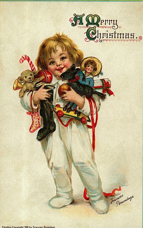 Merry Christmas Angel Child with Toys - Vintage Greeting Card