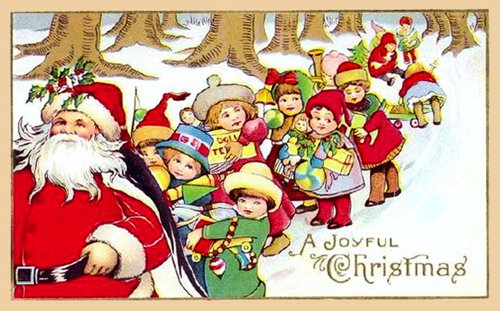 Victorian Santa Christmas Card with Children and Toys