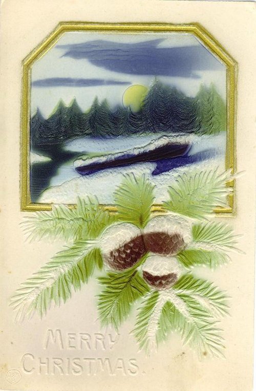 Victorian Christmas Greeting Card with Winter Landscape and Pine Cones