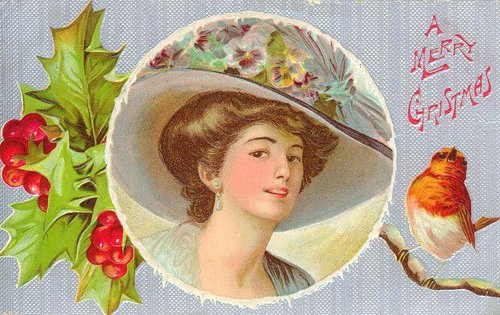 Edwardian Merry Christmas Greeting Card with Woman in Wide-Brimmed Hat