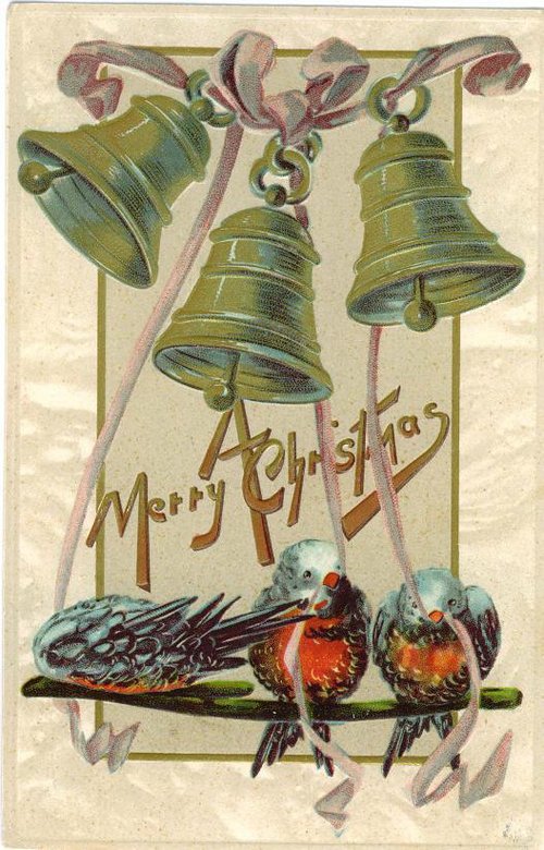 Victorian Merry Christmas Greeting Card with Bells and Robins
