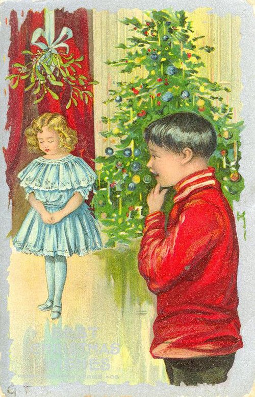 Victorian Christmas Children Greeting Card with Mistletoe