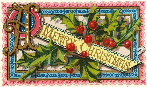 Victorian Christmas Greeting Card with Holly Berries & Ornate Gold Lettering